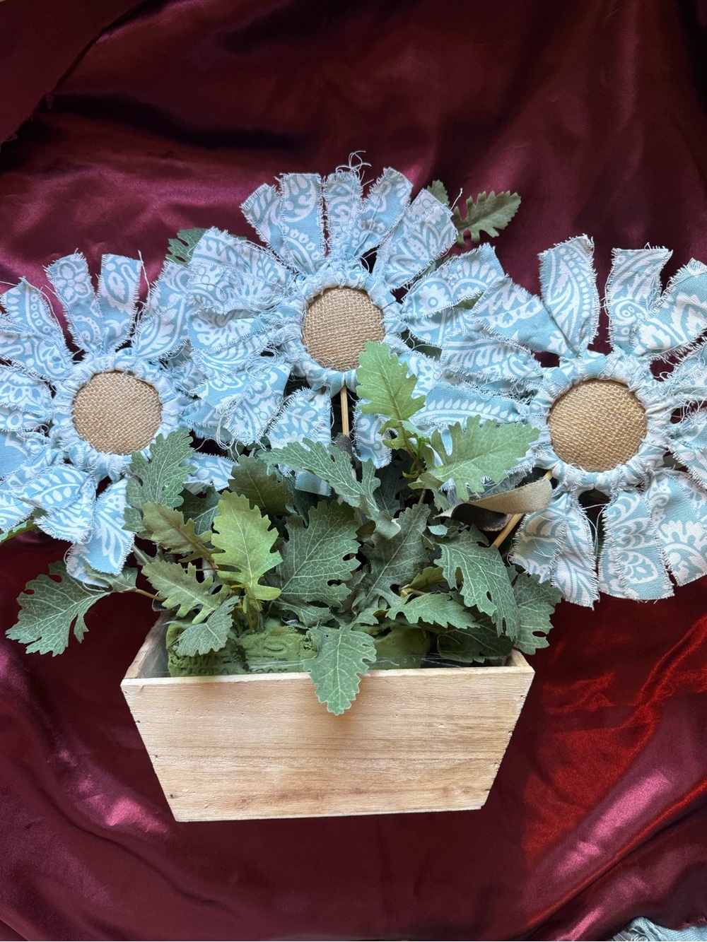 Blue Paisley Fabric Sunflower Arrangement in Wood Planter - Picture 3 of 11